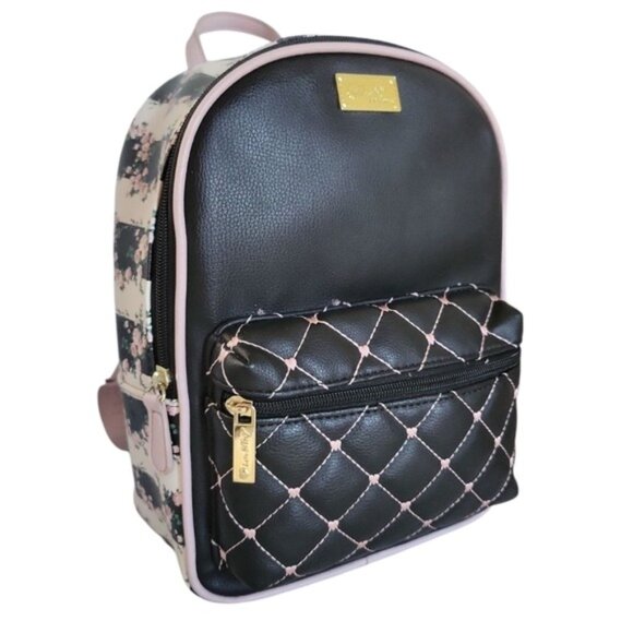 Betsey Johnson Quilted Mini Backpack Bag Pink Black Floral Women\'s Woman\'s